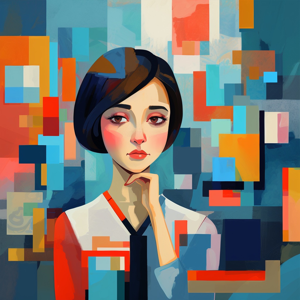 Blue, red and orange portrait illustration of a woman absorbed in self-reflection